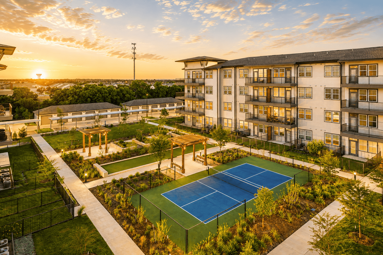 A tennis court is surrounded by apartment buildings.